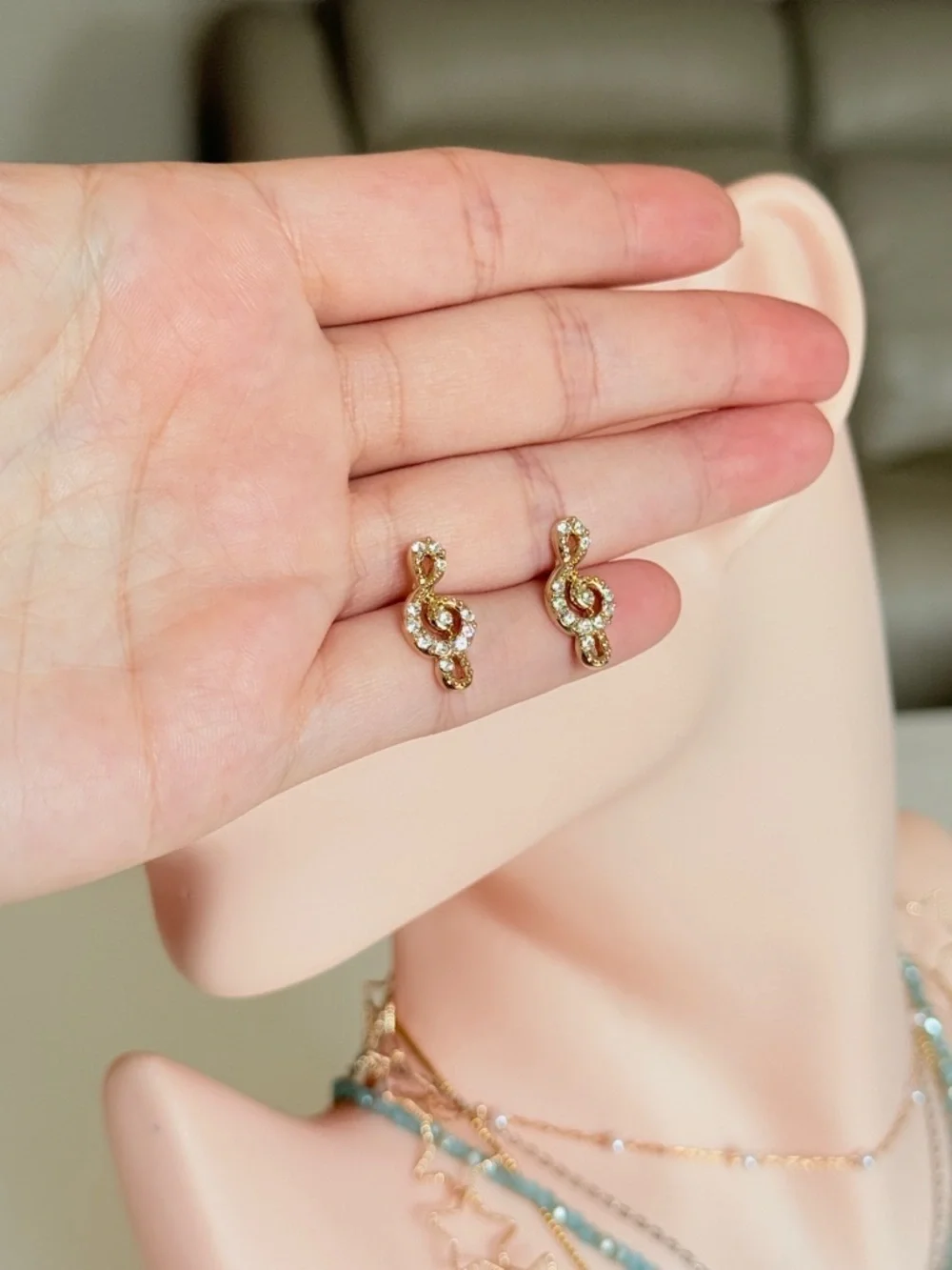 Gold Treble Clef Crystal Stud Earrings